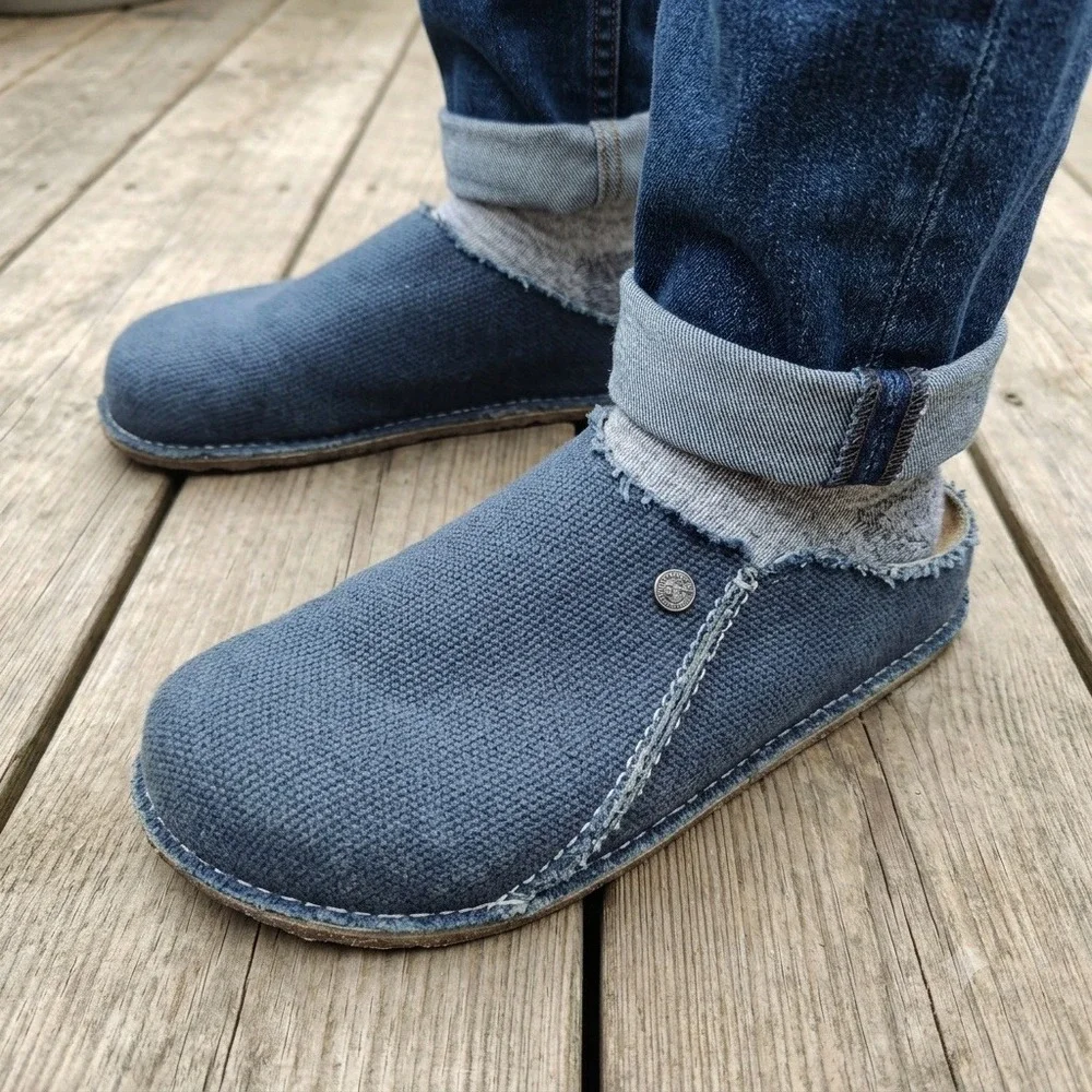 Birkenstock Mens Zermatt Clogs 11 Navy Blue Canvas Frayed Edge Gorpcore Granola